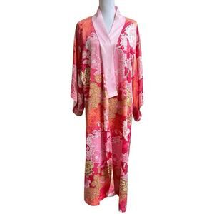 NATORI Long Kimono Robe Sz L Geisha Floral Print Pink Red Satin *NO BELT*